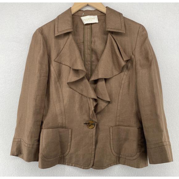 VALENTINO Blazer Womens 44 8 Linen Basketweave Ruffled One Button Brown Italy - Picture 1 of 14